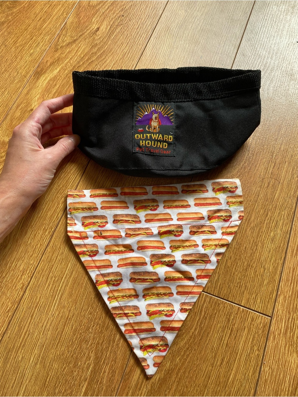 Dog Travel Water Bowl and hot dog print bandana